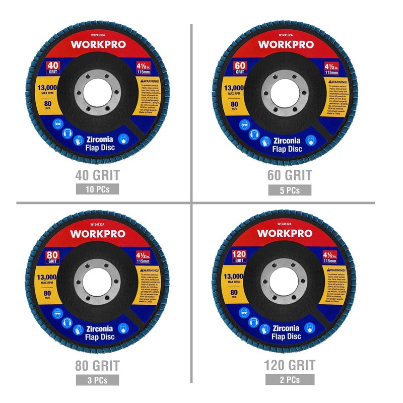 WORKPRO 20-Pack Flap Discs, 4-1/2-inch, Arbor Size 7/8-inch, T29 Zirconia