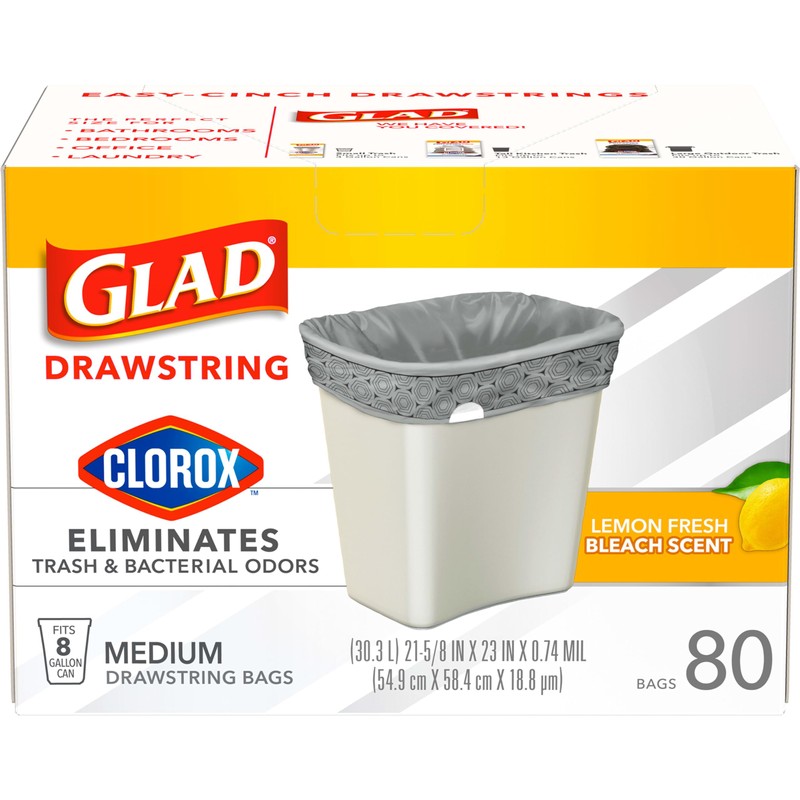 Glad Medium Drawstring Trash Bags with Clorox, 8 Gal, Lemon