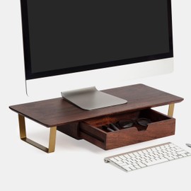 Anji Mountain Wood Monitor Stand Riser Desk Desktop Organizer Table For Home, Office Workspace, Laptop Riser, Ergonomic Design Stand for Gaming Setup , With Drawer, Gold Leg , Walnut