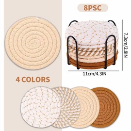 8 Pcs Coasters for Drinks with Holder, Coasters for Coffee Table, Absorbent Coasters, Cotton Woven Coasters for Table Protection, Coasters for Wooden Table, Living Room Decor, 4 Colors (Coffee Series)