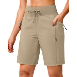 SANTINY Women's 9" Hiking Shorts with 3 Zipper Pockets Lightweight Quick Dry Long Shorts for Women Athletic Travel (Light Khaki_L)