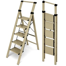 HillhutApex 5 Step Foldable Aluminum Step Ladder with Handgrip, Anti-Slip Pedal, 330 lbs Capacity, Lightweight & Portable for Home, Kitchen, Office, Garage (Gold)