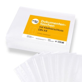 perfect line 10 Document Pockets DIN A4 With Velcro Fastener, Filling Height 20 mm, Transparent Sleeves, Clear and Transparent, Brochure Cover with Flap and Filing Margin, Collecting Film With Stretch Fold