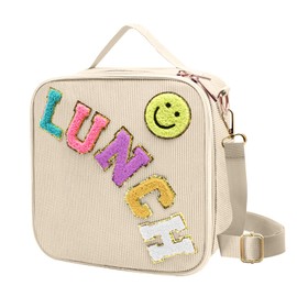 Insulated Lunch Bag With Adjustable Shoulder Strap, Cute Corduroy Preppy Lunch Box Large Insulated Lunch Bag Reusable Lunch Tote Bag with Smiley Preppy LunchBag for Girls School Travel Picnic (Beige)
