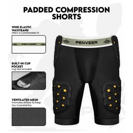Penveer 5-Pad Adult Football Girdle for Men with Cup Pocket - 2-Tone Integrated Hip, Thigh & Tailbone Pads for Maximum Protection, Men's Padded Compression Shorts (Black, AS)