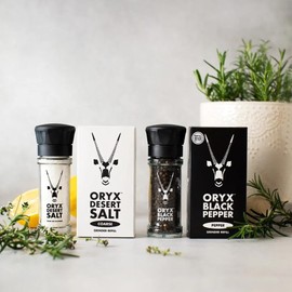 Oryx Desert Salt & Pepper Grinders with Refill Boxes Combo - 3.52oz/8.8oz - Pepper Grinder with Black Peppercorns, Salt Grinder with Oryx Desert Salt - Kosher Naturally Organic Gourmet Combo