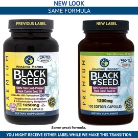 Amazing Herbs Black Seed Oil Pills 1250mg, 100 Softgel Capsules - Cold-Pressed | Non GMO