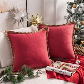 Phantoscope Pack of 2 Christmas Farmhouse Decorative Throw Pillow Covers Burlap Linen Pillow Covers Trimmed Tailored Edges Red 20 x 20 inches, 50 x 50 cm
