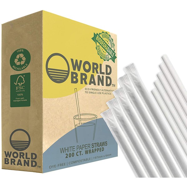World Brand PREMIUM Paper Straws|Made from Kraft|Dye-Free Biodegradable … (White Wrapped)