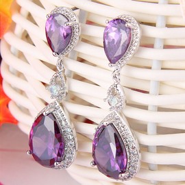 EVER FAITH Silver-Tone Cubic Zirconia February Birthstone Tear Drop Dangle Earrings Purple