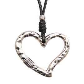 AZORA Long Boho Necklaces for Women Leather Cord Metallic Heart Bohemian Choker Necklace Silver Heart Love Pendant Black Cord Leather Necklace