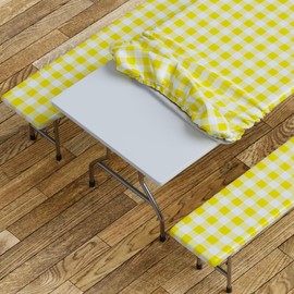 Sorfey Table Cover with Bench Covers -Fitted with Elastic, Vinyl with Flannel Back, Fits for Table 30"x 60" Rectangle,Water Proof, Checked Yellow Design