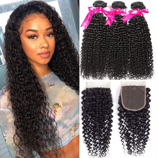 Flady Brazilian Curly Hair with Closure 10a Unprocessed Brazilian Virgin Hair 3 Bundles with Free Part Closure Natural Black Human Hair Bundles With Closure (20 22 24+18inch)