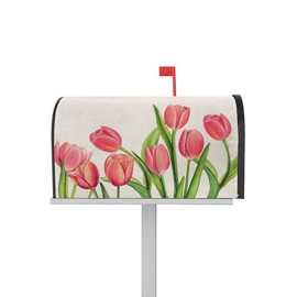 Tulip Magnetic Mailbox Cover - Mother's Day Rustic Watercolor Pink Tulip Spring Flower Floral Mailbox Covers Standard Size 21x18inch Polyester Mailbox Wraps Cover For Home Garden Outdoor Decoration
