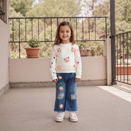Toddler Girls Outfits 0-7 Years Long Sleeve Crochet Floral/Strawberry Embroidery Sweatshirt Pullover Tops with Flare Jeans Elastic Denim Pants Sets 2Pcs Girl Clothing (Pink, 3-4 Years)