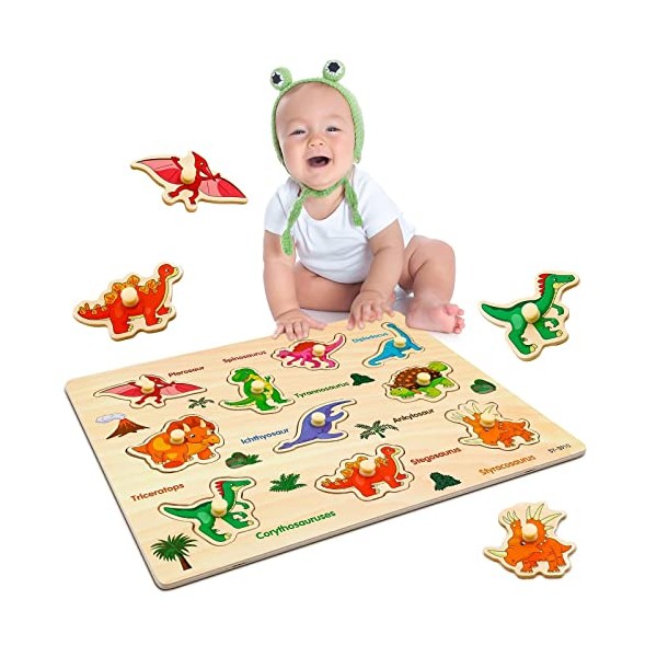 Wooden Peg Puzzles for 1 2 3 Year Olds, Educational Learning Kids Toys for Girls Boys Gifts, Birthday, Christmas, Easter and Children's Day (Dinosaurs)