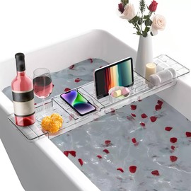 Bathtub Tray, Expandable Acrylic Bath Tray for Tub, Premium Bath Tub Accessories for Women Relaxing Shower Gifts with Wine Glass and Tablet Holder