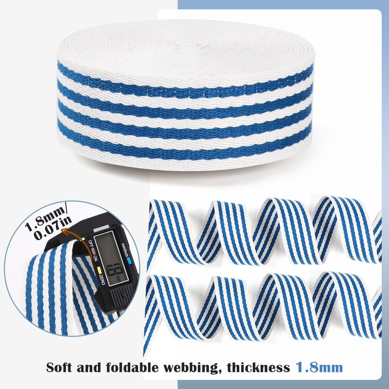 PECMER Cotton Webbing 1.5 Inch for Bag Straps, Striped Blue-White,6