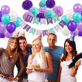 Mermaid Birthday Party Decorations for Girls Women, 56pcs Birthday Party Supplies,Birthday Balloons,Happy Birthday Banner, Pom Poms Flowers,Tassel for Birthday Decor