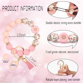 BAOSIWA Silicone Beaded Keychain Wristlet Key Ring Bracelet Cute Daisy Pink Car Key Chain Holder for Women Girls