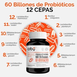 Probioticos Avanzados 60 Billones 12 Cepas + Prebioticos | Digestion Microbiota | Oby Vitaminas Mujer Hombre | Suplemento Alimenticio Candida Cleanse 