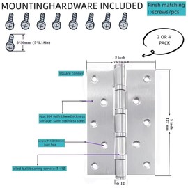 Stainless Steel Door Hinge Ball Bearing NRP, Heavy Duty Inner and Outer Door Hardware for Left and Right Doors, 5" (127mm) x 3" (76mm) Door Hinge, Door Hinge 2 Pack (Silver)