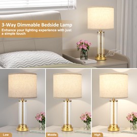 Beige Gold Bedroom Lamps Set of 2 - Touch Bedside Lamp for Night Stands with USB C+A, 3 Way Dimmable Nightstand Table Lamps for Living Room, Modern Glass Lamp for Bed Side Guest Room