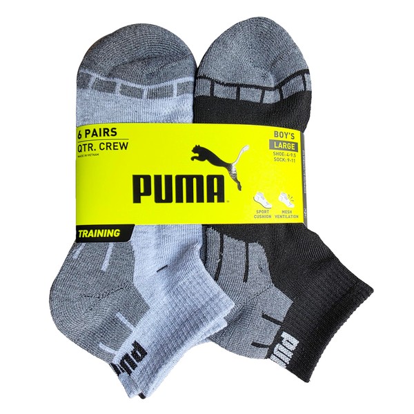 Puma - Boy's Quarter Crew Socks, 6 Pairs, Shoe Size