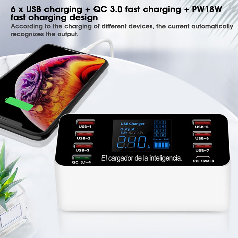 8-Ports Intelligent Charging Station LED Display Digital QC3.0 PD 60W