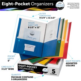 FILE-EZ 8-Pocket Folder Organizers, Assorted Colors, 5-Pack, Durable Textured Paper with Matte Finish, Letter Sheet Size (EZ-10500)