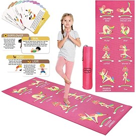 Garybank Juego de alfombrillas de yoga para niños, tapete de ejercicio antideslizante con estampados divertidos, 12 tarjetas de yoga para niños, bolsa