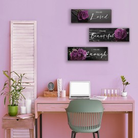 3 Pieces Purple Roses Wall Decor Inspirational Purple Bathroom Decor Wooden Wall Art Positive Quotes You Are Loved You Are Beautiful You Are Enough for Teen Girls Women Bedroom(Purple Rose12 x 4 Inch)