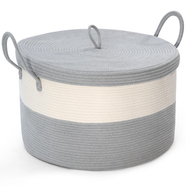 XXL Blanket Basket with Lid, 21.7"D X 13.8"H Cotton Rope Basket with Handles, Large Toy Basket for Kids and Dogs, Blanket Storage for Living Room, Decorative Laundry Basket, Nursery Organizing (Grey)