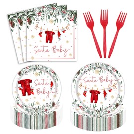 96 Pcs Christmas Baby Shower Party Plates and Napkins Santa Baby Party Supplies Xmas Baby Shower A Santa Baby Is On The Way Party Tableware Set for 24 Guests