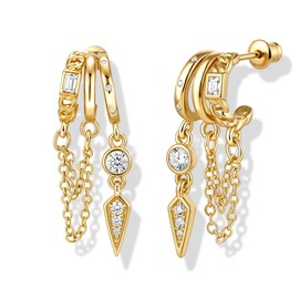 My Queen Huggie Earrings for Women Dainty Chain Earrings 14k Gold Plated Long Drop Earrings Hypoallergenic Unique Triple Hoop Earrings Trendy Cute Statement Earring Fashion Jewelry