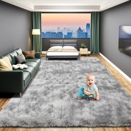 Large 8x10 Rugs for Living Room, Luxury Fluffy Shag Fuzzy Plush Soft Modern Area Rugs, Big Thick Soft Nursery Rug, Anti-Skid Fluffy Indoor Carpet for Kids Room Home Decor, Tie-Dyed Light Grey