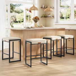 VASAGLE EKHO Collection - Bar Stools Set of 4, Counter Height Bar Stools, Synthetic Leather with Stitching, Mid-Century Modern Counter Stools, 26-Inch Tall, Kichen Home Bar Dining Room, Cream White