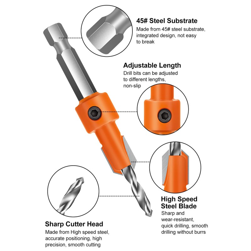 Countersink Drill Bit Set Hex Shank Woodworking: 5Pcs Tapered Pilot
