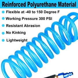 EADUTY Heavy Duty Reinforced Polyurethane Recoil Air Hose 1/4 in x 10 ft, Lightweight, Flexible Compressor Hose with Universal Quick Coupler, Plug and Bend Restrictors, Blue