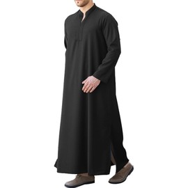 LVCBL Thobe For Men Abaya Kaftan Long Sleeve Lounge Muslim Thobe Whit Pocket Black 2XL
