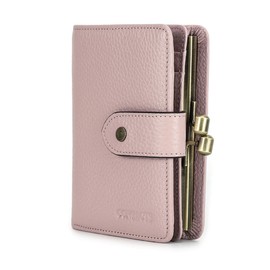 Genuine Leather Kiss Lock Wallet for Ladies Contact's Coin Purse RFID Small Womens Bifold Card Case with Photo Window (Pink)