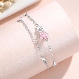FH.bird Cherry Blossom Bracelet, Women's, Double Layer, 925 Silver, Hypoallergenic, Simple, Cherry Blossom Accessory, For Mother/Wife, Girlfriend, Japanese, Gift, Cute, 20s, White Day, Return,