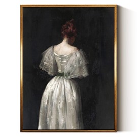 InSimSea Golden Framed Vintage Canvas Wall Art Seventeenth Century Lady in White Dress Dark Toned 12x16in, Moody Portrait Victorian Woman Turned Away in Shadow Print, Farmhouse Rustic Home Decor