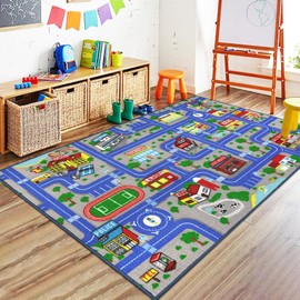 Capslpad Blue Car Road Kid Rug Carpet Playmat for Playoom Traffic Road Kids Play Mat for Toddler Non Slip Washable City Map Race Track Carpet Rug for Kids Room Bedroom Nursery Room Decor,5.2'x3.3'