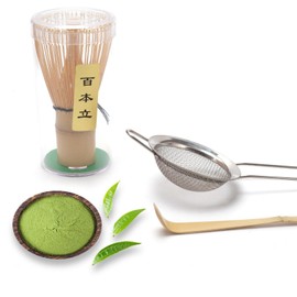 3PCS Matcha Tea Whisk Set, Tea Steeper Stirring Matcha Kits, Handmade Matcha Whisk (Chasen), Matcha Scoop,Stainless Steel Sifter