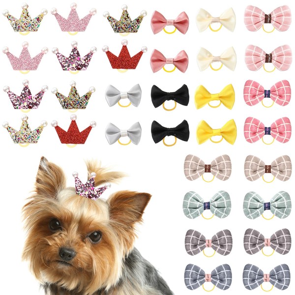 Janinka 32 Pcs Dog Hair Bows Dog Bows Grooming Girl with Rubber Bands Puppies Hair Bows for Small Dogs Grown Plaid Bowknot Pet Hair Bows Hair Accessories for Dogs Pets