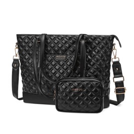MOSISO Laptop Tote Bag for Women, 15.6 inch Briefcase Computer Bag Compatible with MacBook, HP, Dell, Asus Notebook, 16 inch Large Capacity Rhombus Quilted Leather Laptop Bag with Small Purse, Black