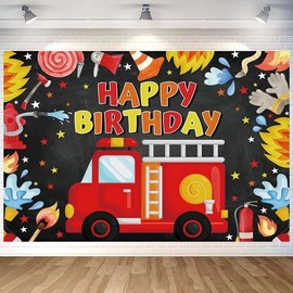 WODJR Fireman Birthday Backdrop Fireman Party Decoration Firetruck Backdrop Firetruck Party Decorations Firefighter Party Decorations Photo Prop for Firemen Firetruck Birthday Party Decorations