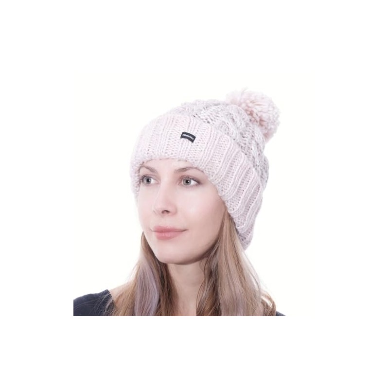 Cable Knit Bobble Pom Beanie Hat Pink Silver Sequins CRAGGI