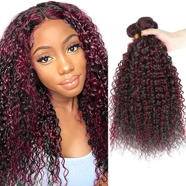 Black Highlight Burgundy Human Hair Bundles Curly Wave Quick Weave